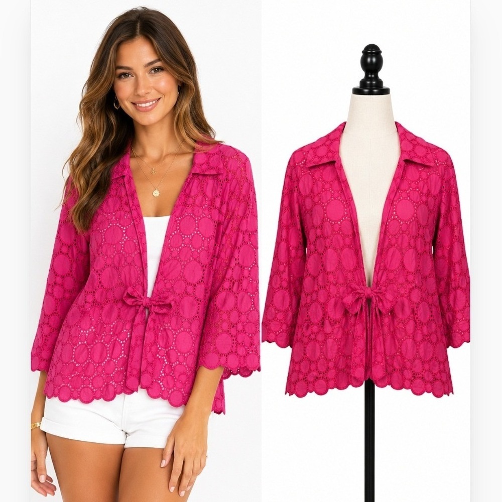 Peck & Peck Jacket Womens 6 Pink Eyelet Lace Cotton Front Tie Scalloped Hem
